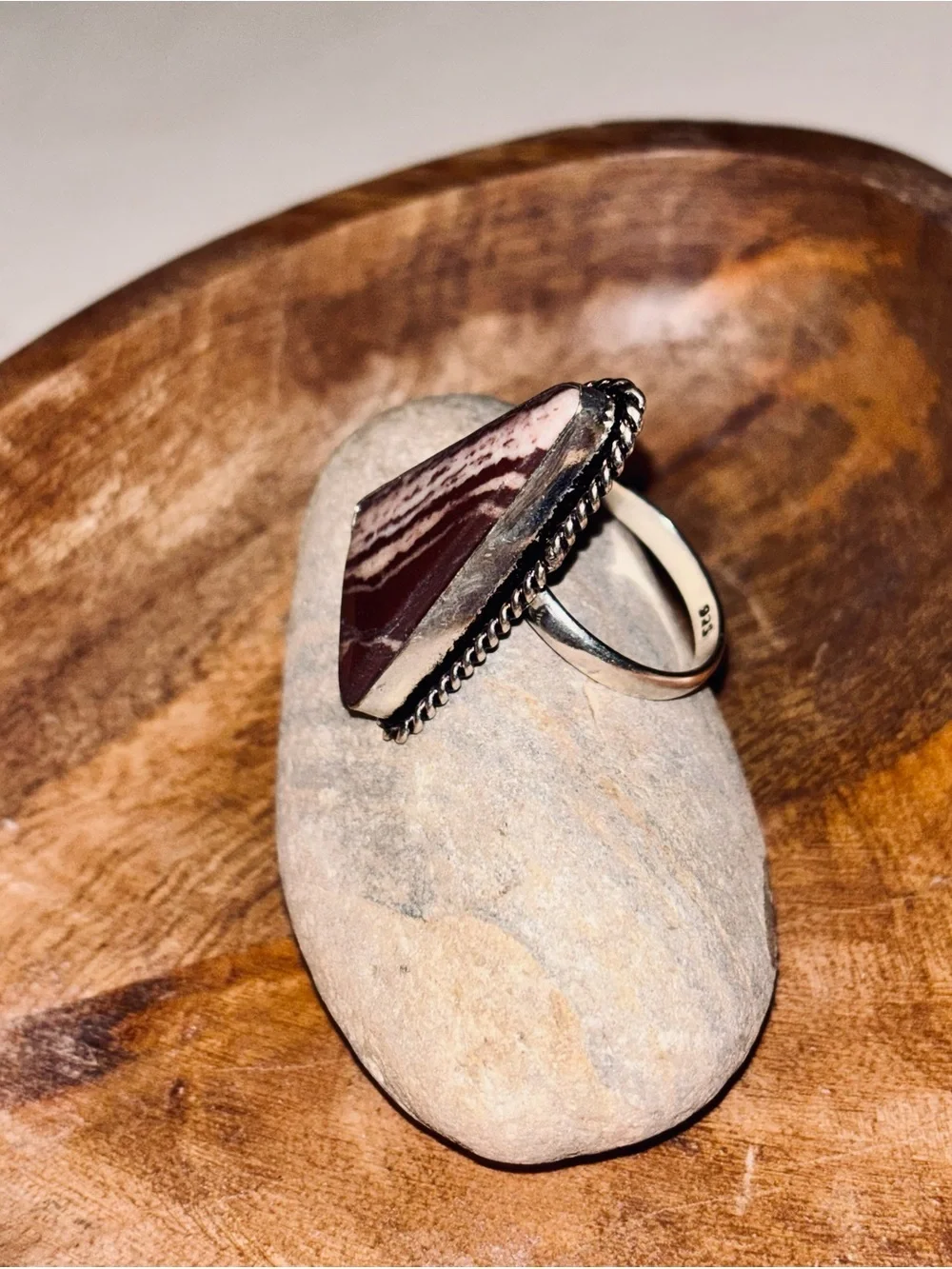 Moonlit Canyon Jasper Triangle Statement Ring Sterling Silver Plated Size 10